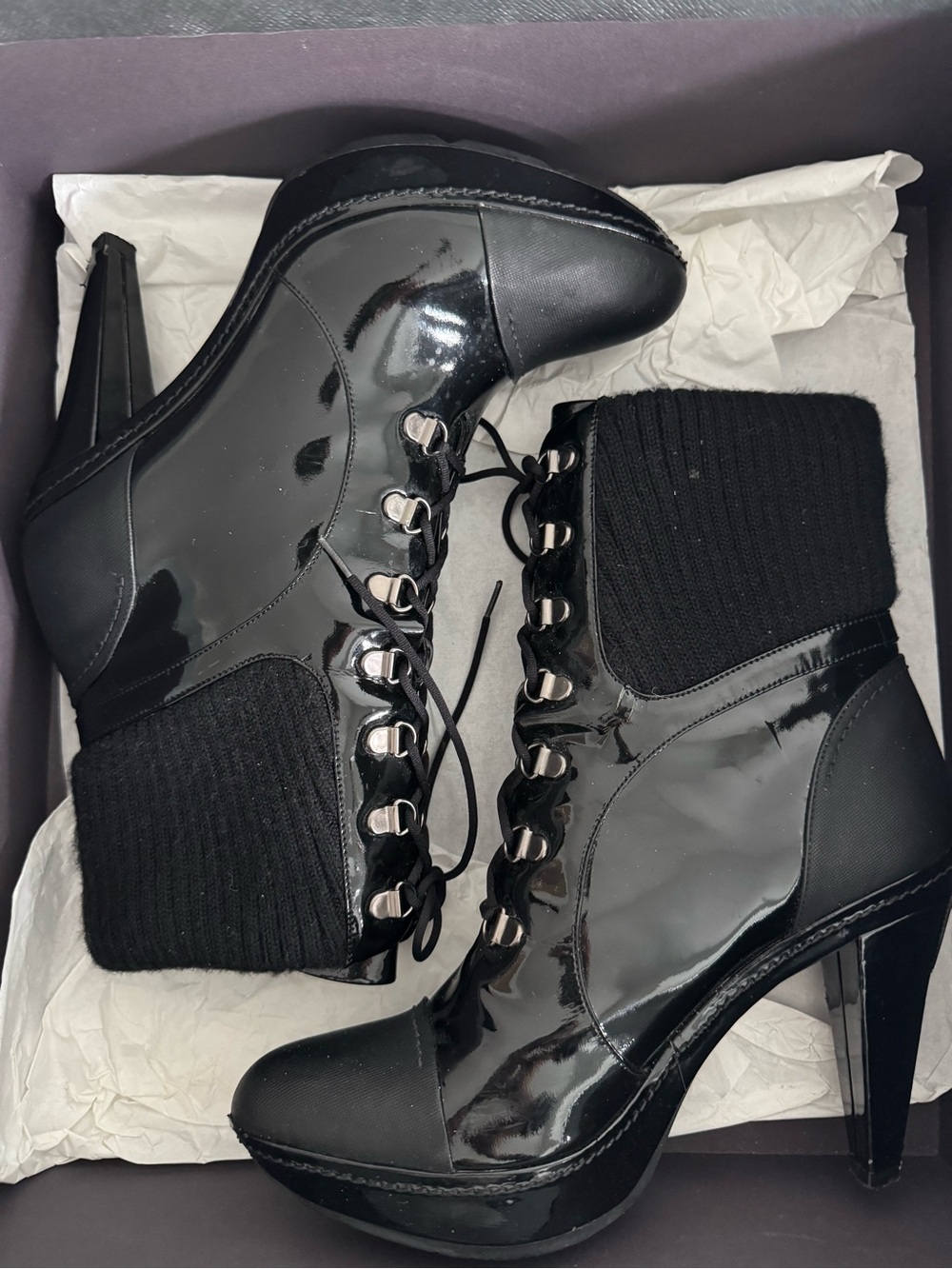 Prada Black Patent Lace-Up Knit-Cuff Ankle Boots - Picture 7 of 7